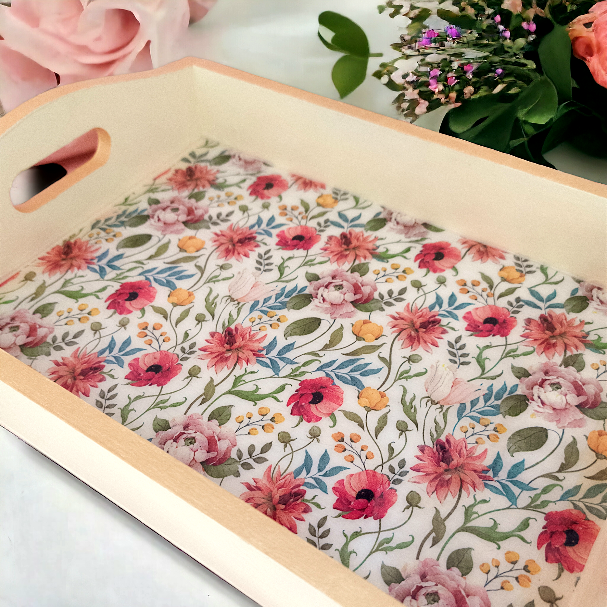 Spring flower Large serving tray | beige floral tray 