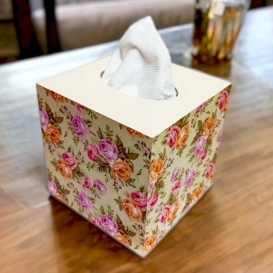 Floral Cube Tissue Box / Square Napkin Holder / Tissue Holder for Home Office Car Bathroom