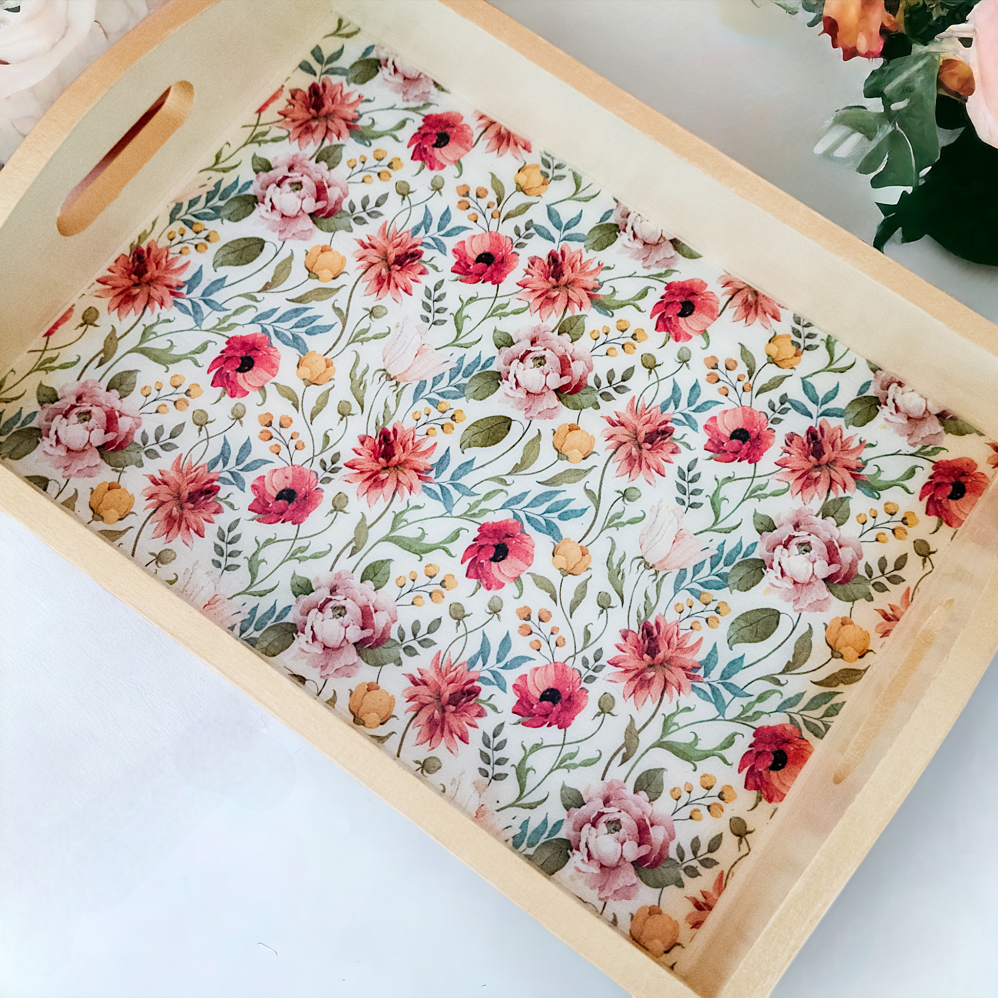 Pastel Serving Trays Large Wooden floral tray Rectangular tray