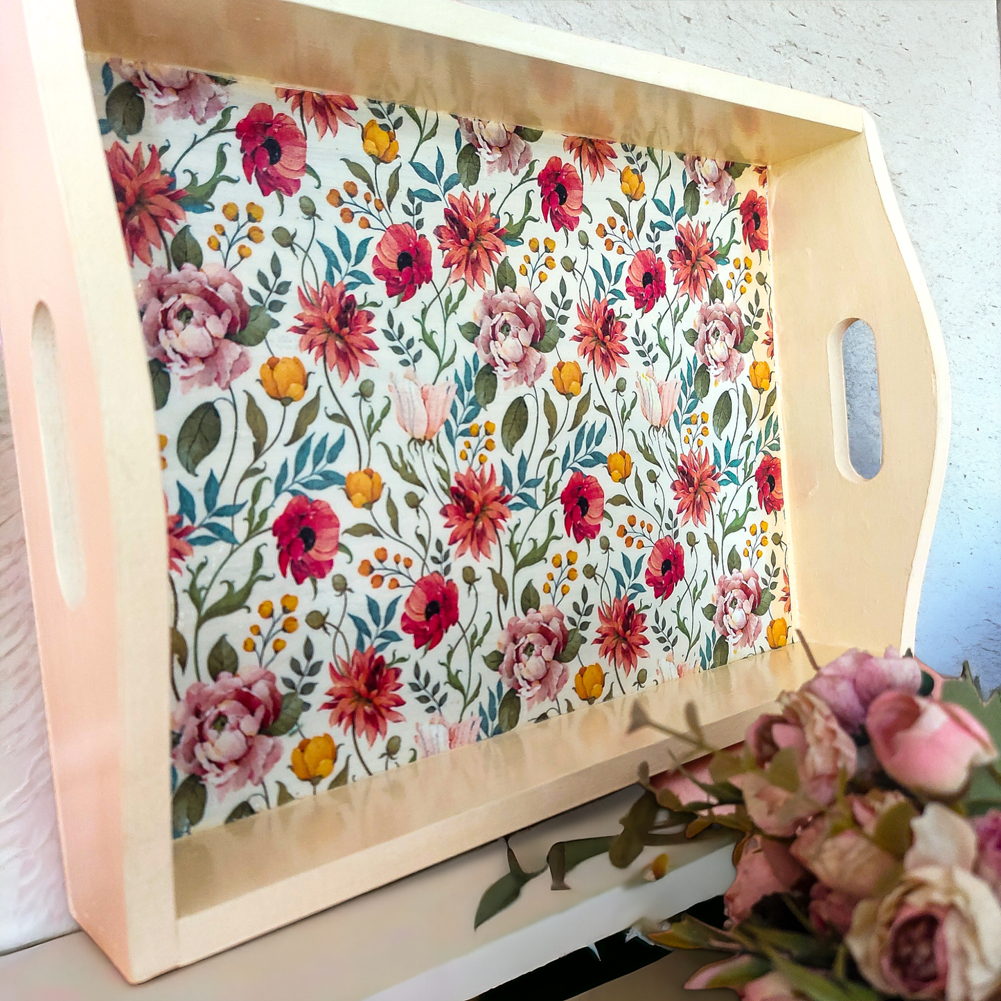 Beige Floral wooden Tray | Large serving tray  | Rectangular tray with curved handles