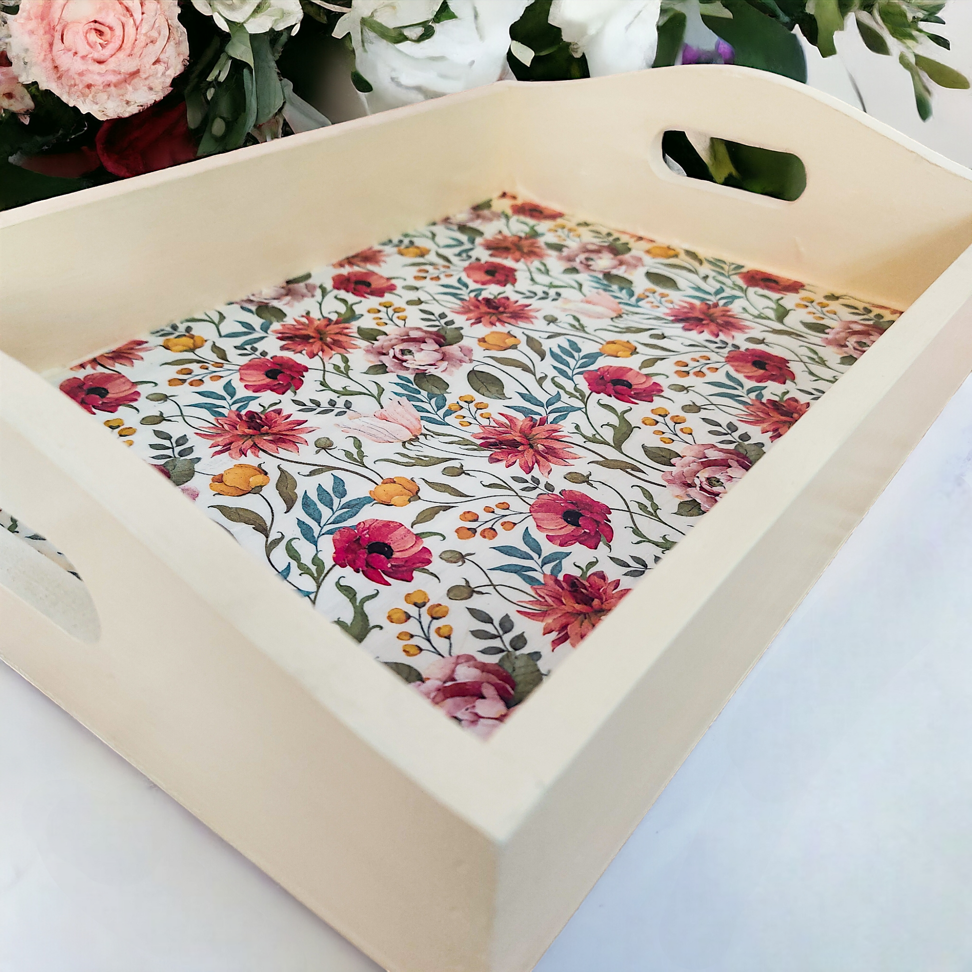 Floral Wooden Tray in beige | Floral Serving trays | 